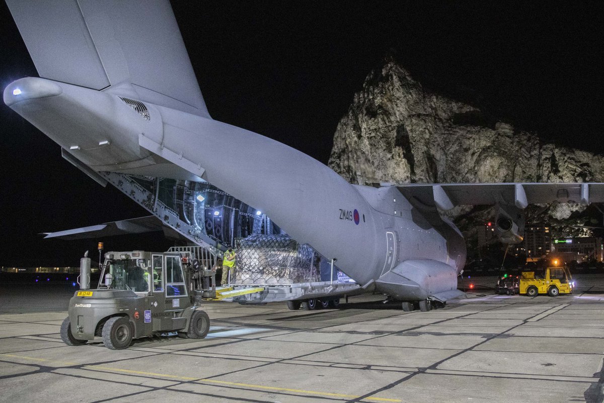 An RAF A400M is unloaded in Gibraltar.