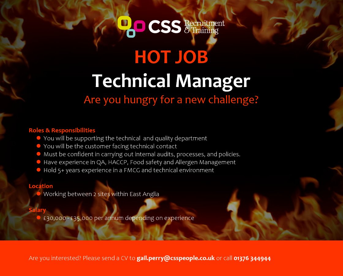 🔥 HOT JOB 🔥

Are you hungry for a new challenge❓

CSS are currently looking to recruit a #TechnicalManager to work across #EastAnglia 👇

📧 To apply, please send a CV to gail.perry@csspeople.co.uk

#Jobs #JobSearch #JobHunt #Lookingforwork #HotJobs #Recruiting #EastAngliaJobs