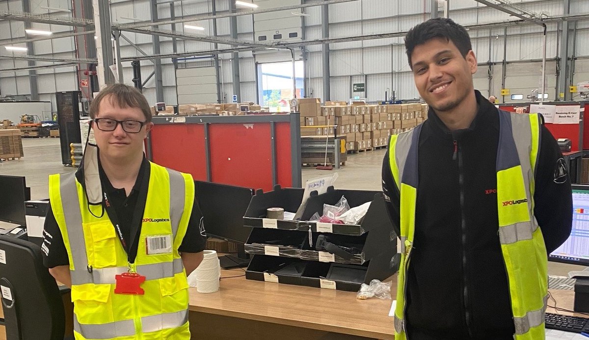DSWorkFit's tweet photo. Great to see Thomas and his work buddy Bruno at @XPOLogistics_Eu Manchester. Thomas loves his job there and we are so grateful for the fabulous support of his colleagues.  Go Thomas! https://t.co/wOuyhuToaJ