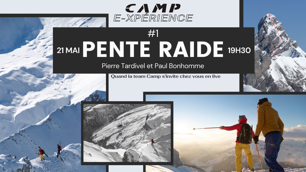 CAMP lance son cycle de #conférences interactive 
➡️ les CAMP e-xperiences

Quand la team #CAMP s’invite chez vous en live

Avec le #1 : consacré sur le #montaski de pente raide avec <a href="/Paul_Bonhomme_/">Bonhomme paul</a> et Pierre Tardivel

Venez poser vous même vos questions!

eventbrite.fr/e/billets-1-ca…