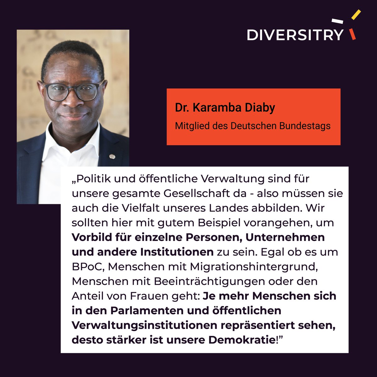 DIVERSITRY (@diversitry) on Twitter photo Warum ist #Diversität für #Politik und #Verwaltung wichtig? MdB <a href="/KarambaDiaby/">Dr. Karamba Diaby</a> betont, wie wichtig #Vorbilder sind und wie #Repräsentation unserer #Demokratie Stärke verleiht.
Erstes Statement in der Woche des 9. #DiversityDay zu #diversitymatters Warum ist #Diversität für #Politik und #Verwaltung wichtig? MdB <a href="/KarambaDiaby/">Dr. Karamba Diaby</a> betont, wie wichtig #Vorbilder sind und wie #Repräsentation unserer #Demokratie Stärke verleiht.
Erstes Statement in der Woche des 9. #DiversityDay zu #diversitymatters