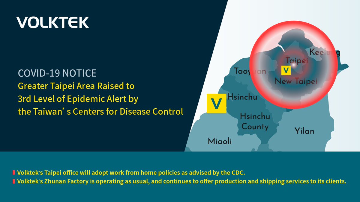 ATTENTION - #COVID19 NOTICE

Volktek's Taipei office will adopt work from home policies as advised by the CDC.

Volktek's Zhunan Factory is operating as usual and continues to offer production and shipping services to its clients.
