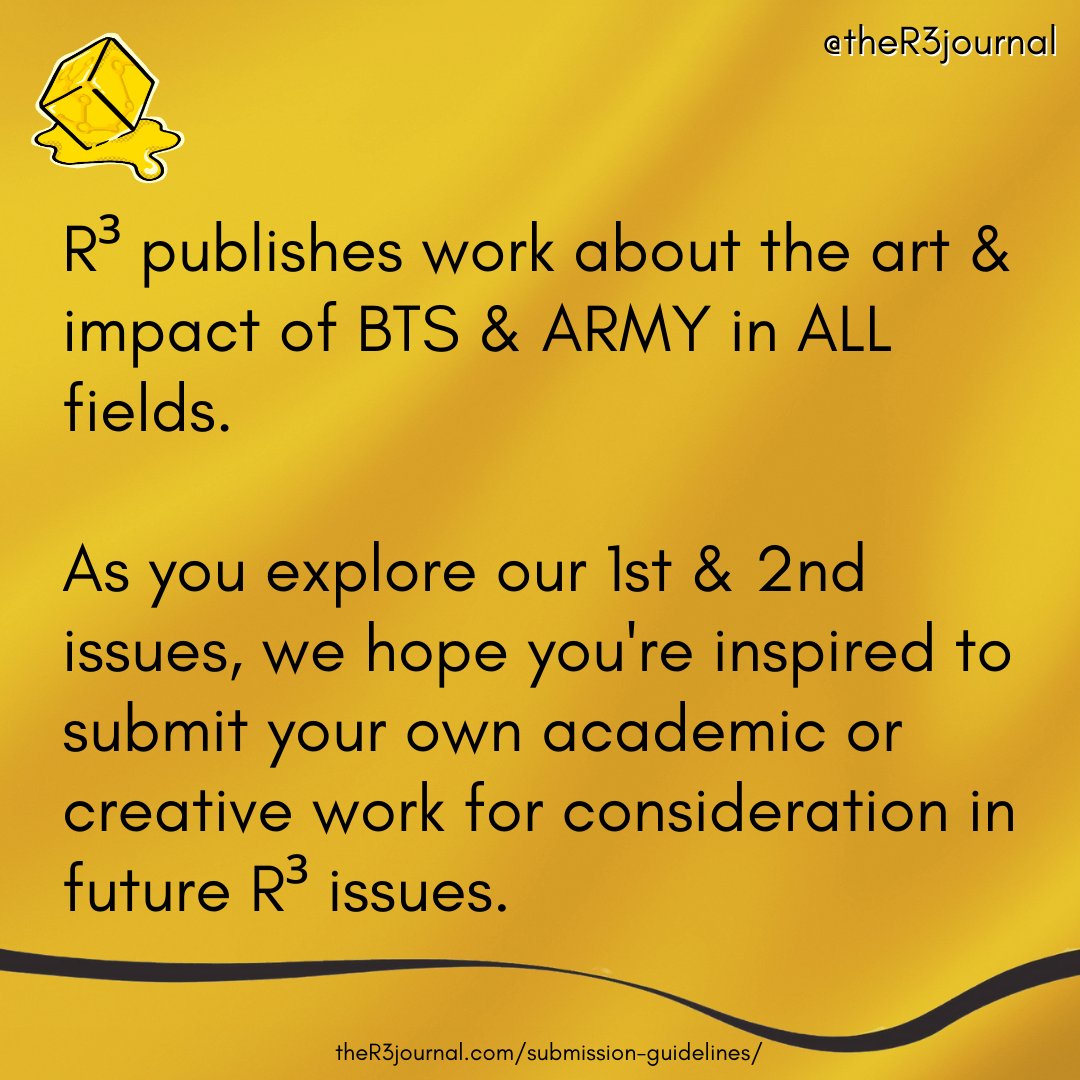 TheR3Journal's tweet photo. Hi! We're an interdisciplinary journal focused on the art &amp; impact of @BTS_twt &amp; ARMY. We publish academic articles, stories &amp; art inspired by BTS. 

🚨 We're thrilled to announce that we will be accepting new submissions for future issues June 1st - July 5th!

#JoinTheRhizome https://t.co/OjMmcfUob1
