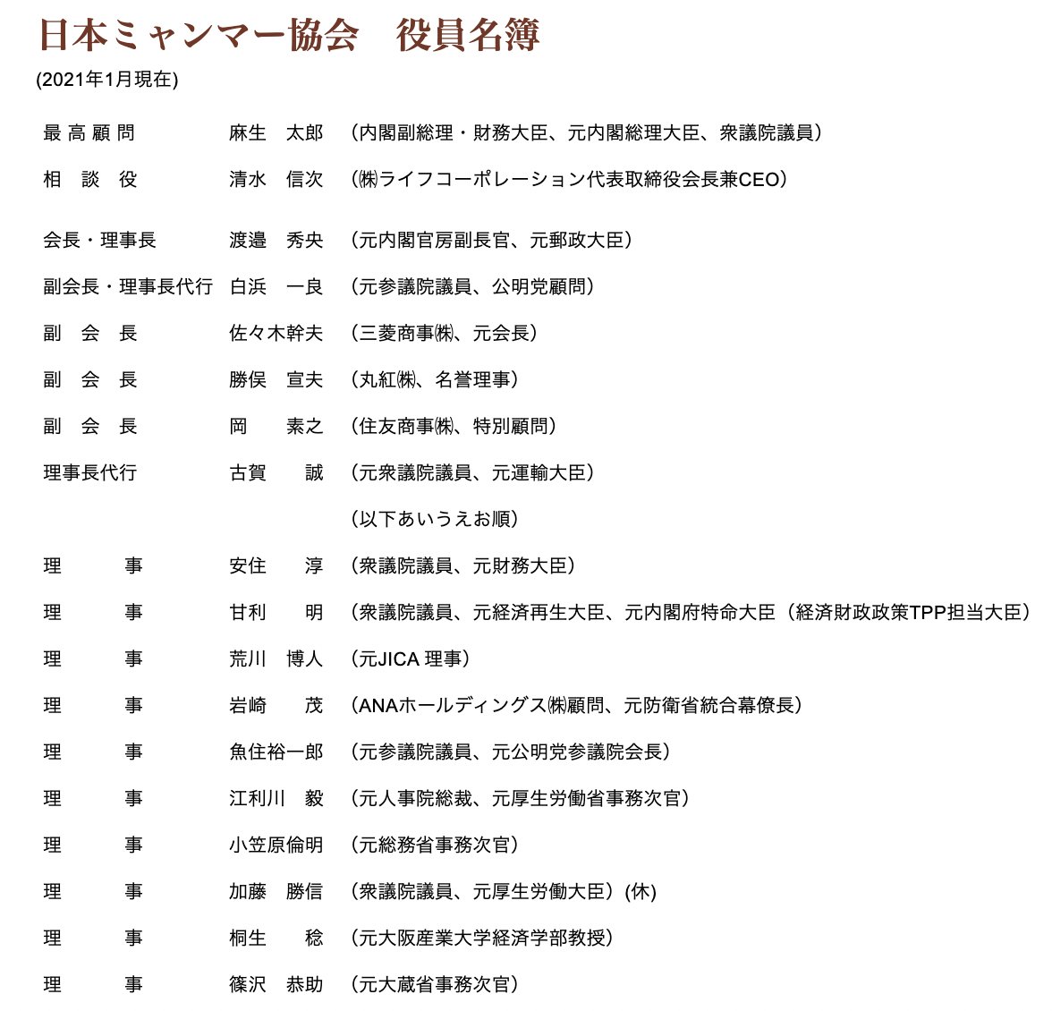 のんびり株式投資のことつぶやくよ On Twitter 自民党 だけじゃなかったので再投稿 立憲民主党 幹事長 福山哲郎の名も ミャンマー 日本ミャンマー協会 役員名簿がこっそり消されていますね 日本を牛耳っているお偉いさんたちの面々が名を連ねていたのですが 消して