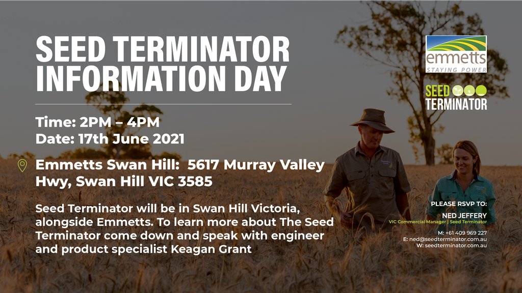 seed_terminator's tweet image. #SeedTerminator will be in Swan Hill Victoria, alongside @EmmettsGroup. To learn more about The Seed Terminator come down and speak with engineer and product specialist Keagan Grant
