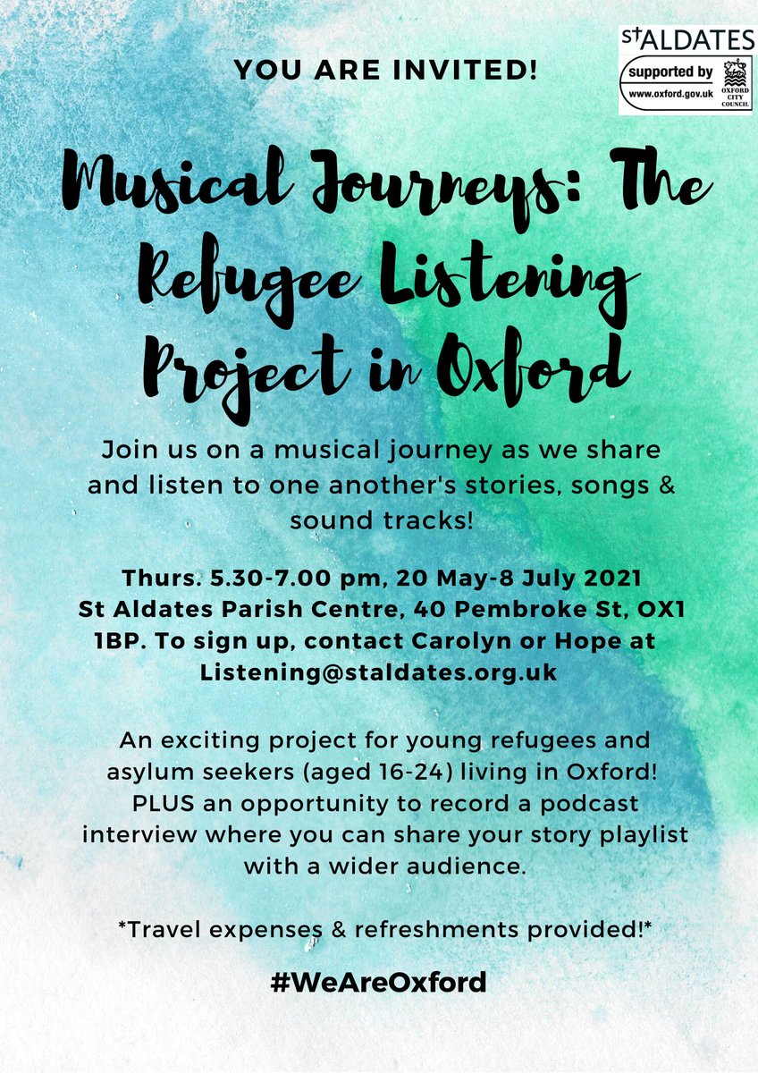 Starting this Thursday!! The Refugee Listening Project in Oxford. Sessions for young people (age 16-24), 5.30-7pm, 40 Pembroke St, OX1. To sign up email Listening@StAldates.org.uk or DM me via Twitter! #WeAreOxford @AsylumWelcome @RefugeeOxford @MultakaO @shabnam_sabir