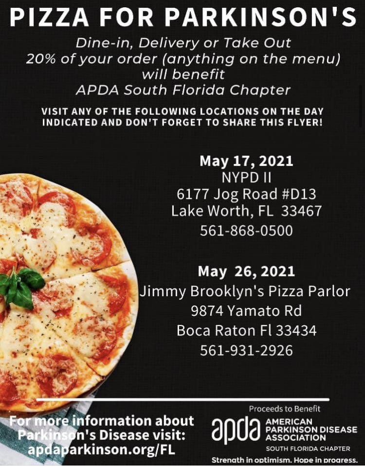 TAPalzheimers's tweet photo. The APDA May fundraiser continues! Join us on May 17th at NYPD II in Lake Worth &amp; May 26th in Boca at Jimmy Brooklyn’s 🥗🍝🍕Can’t make it for pizza, please donate to support the APDA 

Donate here: https://t.co/ExxMBeyv3T

#apda #donate #parkinsons #pizza #support #fundraiser https://t.co/Kh3UgEdDHG