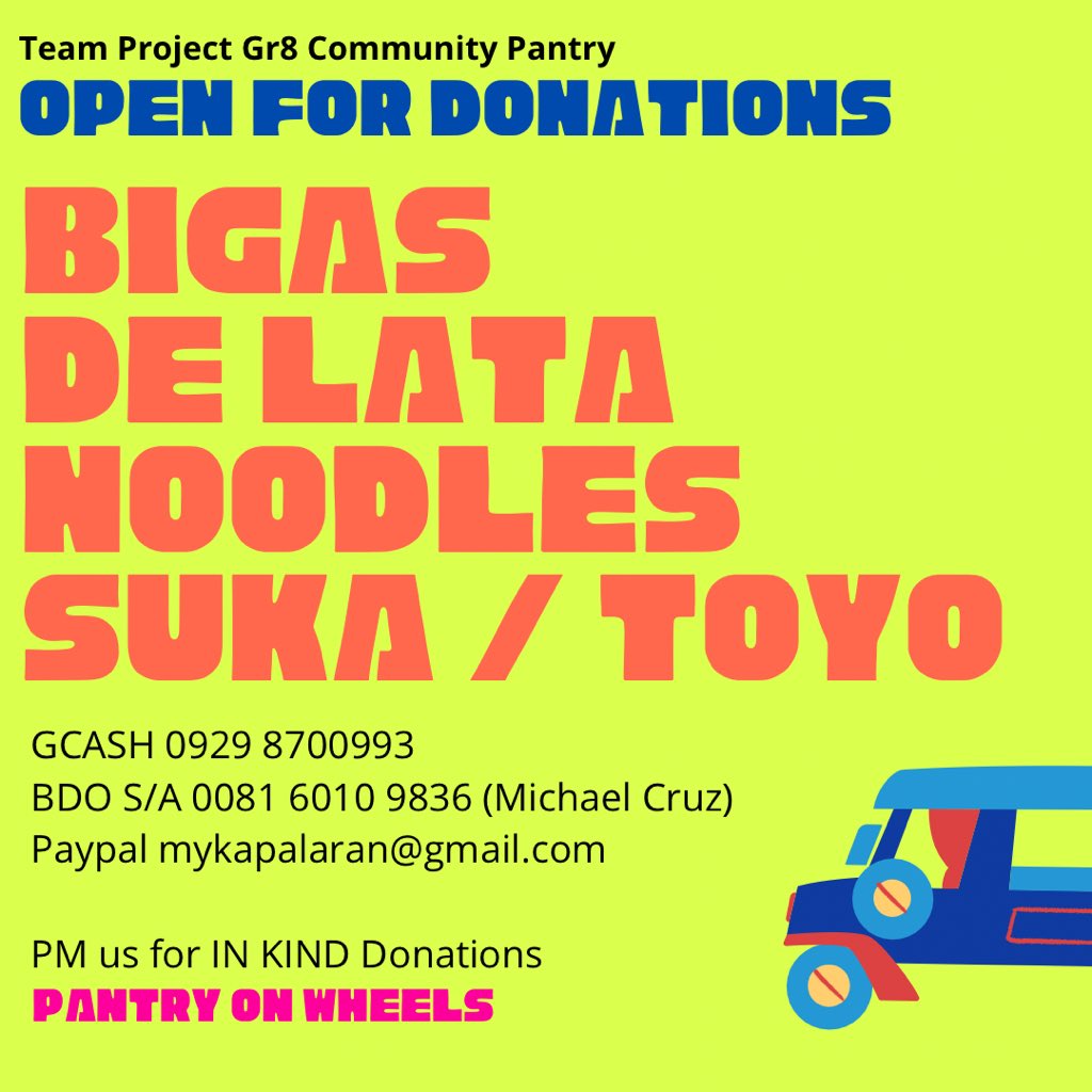 mykapalaran's tweet image. Patuloy po kaming humihingi ng inyong
tulong para sa ating #TeamProjectGr8 Mobile Community Pantry - Mga basic goods tulad ng Bigas, De Lata, Noodles at Condiments po ang ating kailangan.

Tumatanggap po tayo ng DONATIONS IN-KIND at CASH. Salamat po! ❤️