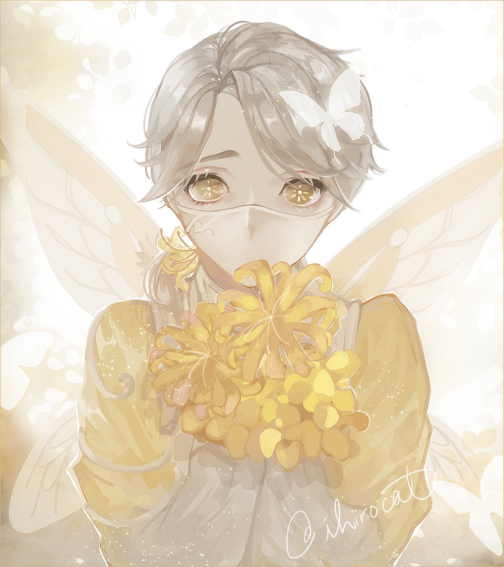1boy male focus wings flower looking at viewer covered mouth solo  illustration images