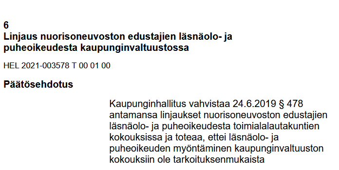 TiinaAhva's tweet photo. Moni puolue Helsingissä väittää olevansa "nuorten puolella".

Puheita vai tekoja? Nyt on totuuden hetki. 

Jos tuo pohjaesitys nuorisoneuvoston puhe- ja läsnäolo-oikeuden eväämisestä menee tänään kaupunginhallituksessa läpi, on kyseessä vuosisadan takinkääntö. #helvaltuusto https://t.co/IBKjbTFrUS