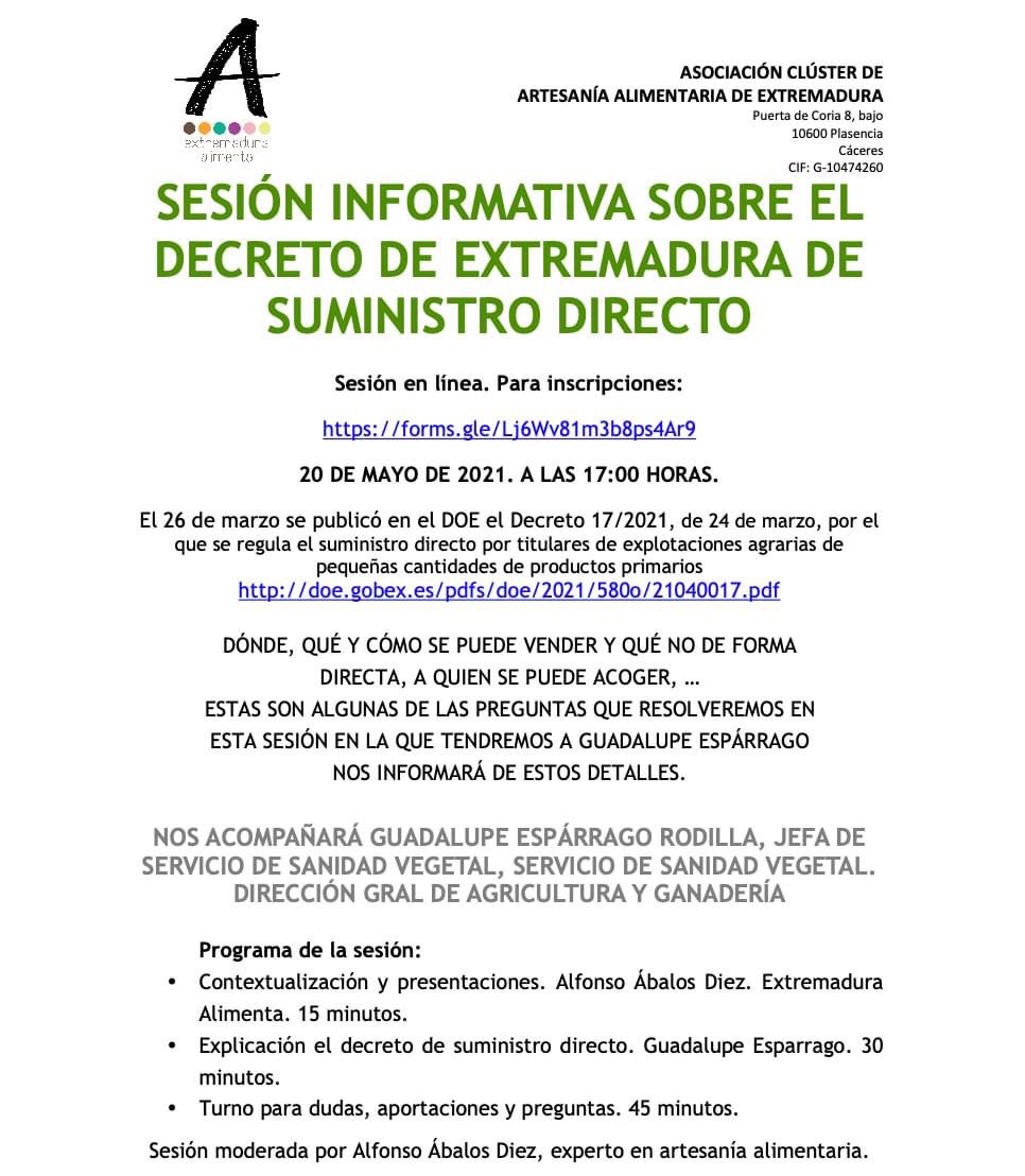 SESIÓN INFORMATIVA ONLINE: 
DECRETO DE SUMINISTRO DIRECTO DE ALIMENTOS EN EXTREMADURA

JUEVES 20 DE MAYO DE 2021 A LAS 17:00 HORAS.
INSCRÍBETE EN:
docs.google.com/forms/d/e/1FAI…

SE AGRADECE DIFUSIÓN