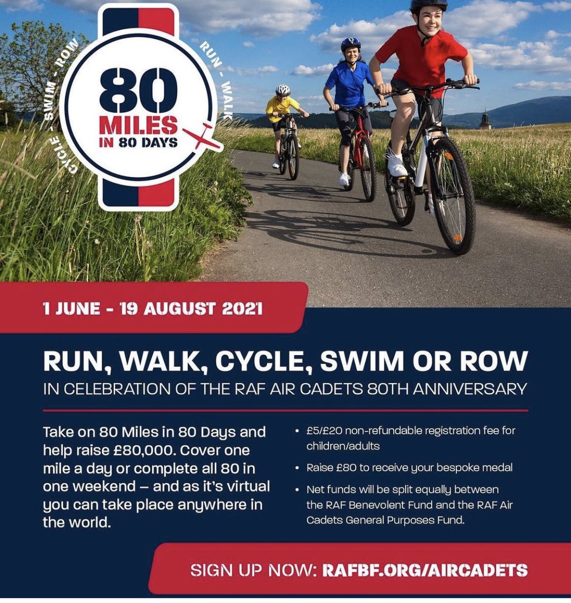 936Squadron's tweet photo. The squadron is gearing up to do the 80 Miles in 80 Days Challenge for the RAF Benevolent Fund and RAF Aircadets for the 80th anniversary of the Air Cadets!

Sign up on the website and let your squadron staff know you are taking part.

https://t.co/t70ChHpbFN https://t.co/rQLA8E08q5