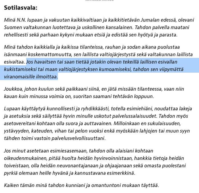 IkeNovikoff's tweet image. Tein juuri Puolustusvoimille sotilasvalani mukaisen ilmoituksen Suomen itsemääräämisoikeuden vaarantamisesta huomisessa eduskunnan äänestyksessä (HE260). Vala, historia  ja rakkaus isänmaata kohtaan velvoittavat. Terveisin reservin kersantti I.T.  #elpymispaketti #elpymisrahasto