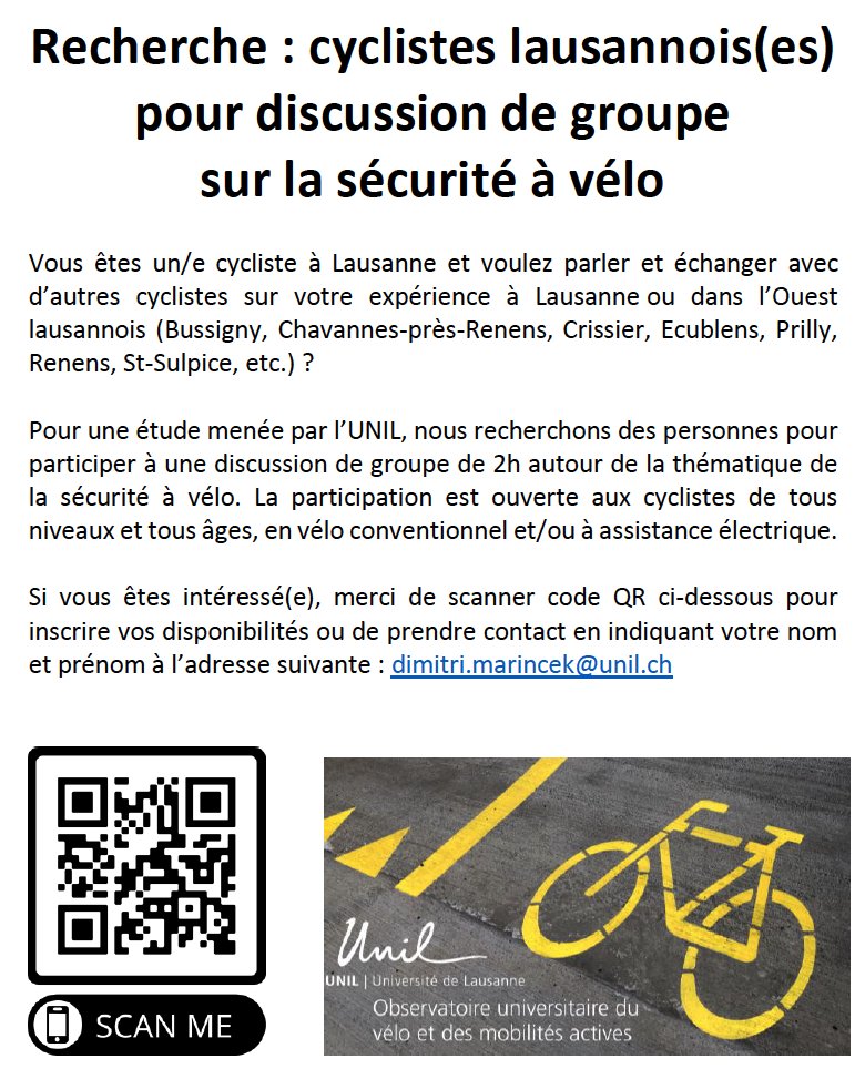 WANTED! On recherche des cyclistes de la région lausannoise pour discuter sécurité à vélo. Merci de nous contacter si vous être intéressé-e à faire part de vos expériences et merci de faire passer le message! 🚴‍♀️🚴‍♀️🚴‍♀️🚴‍♀️