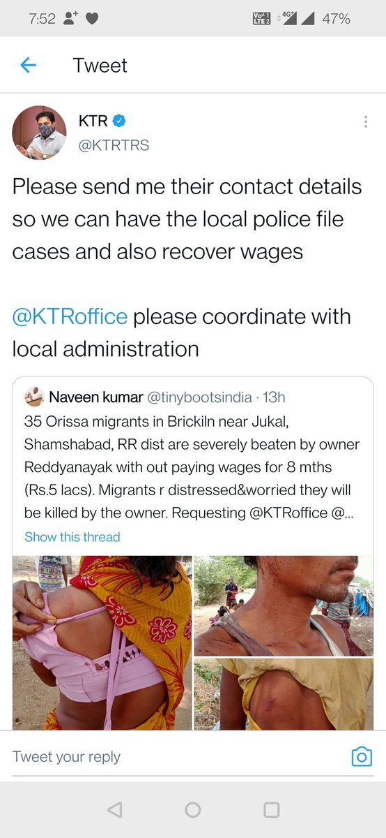 Thank you @KTRTRS <a href="/KTRoffice/">Office of KTR</a> @cpcybd <a href="/psshmbad_cyb/">Shamshabad Police Station</a> for protecting migrants in Telangana. Shamshabad police registered against the owner and  today owner paid all wages to workers. Thank you once again 🙏🙏🙏 <a href="/LabourOdisha/">Labour Commissioner, Odisha</a> <a href="/CMO_Odisha/">CMO Odisha</a>