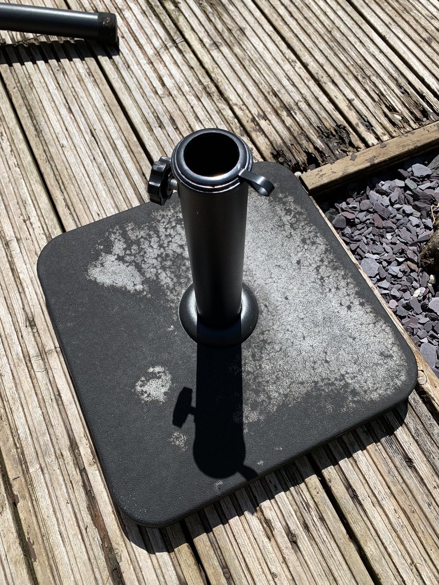 TimK85's tweet image. Less than 24 hours outside and my new black parasol base is losing its black paint. I know May hasn’t had the best weather but it’s not really good enough is it @Argos_Online