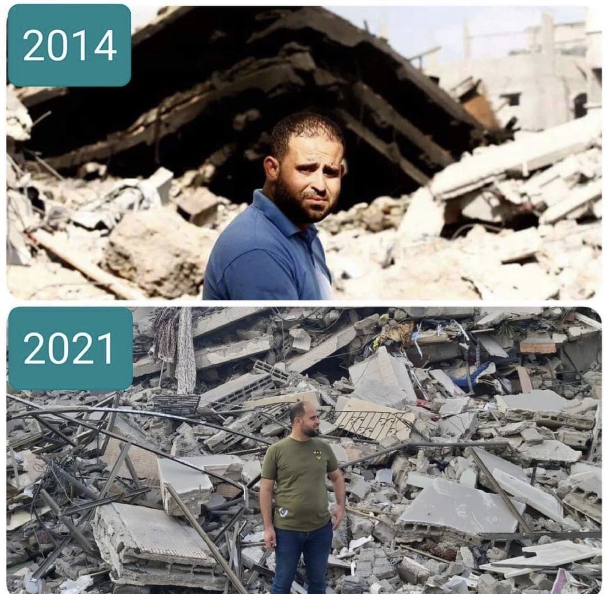 LujainAlqudah1's tweet photo. @AAhronheim Journalist Alaa Shammala publishes a picture of his first house, which was demolished by the occupation in the 2014 war in Shejaiya, and his second house, which was demolished by the occupation in the 2021 war, in Yarmouk Street!! What peace are you talking about?Free Palestine🇵🇸 https://t.co/Bm05IHwxRs