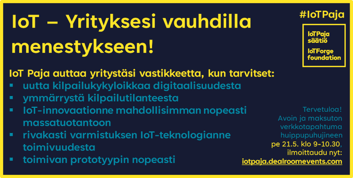 JussiHopiasepat's tweet photo. Yrityksesi TKI-kehitystyöhön maksutonta tukea? #IoTPaja auttaa! Kuule lisää pe 21.5. klo 9 verkossa: "IoT – Yrityksesi vauhdilla menestykseen!", ilmo nyt https://t.co/UbwJq7bKmZ! Puhujina @NinaKopola @BusinessFinland @marjomannu @TechFinland @rsiilasmaa @rasmusroiha @Software_FI https://t.co/gwTaw1eYb2