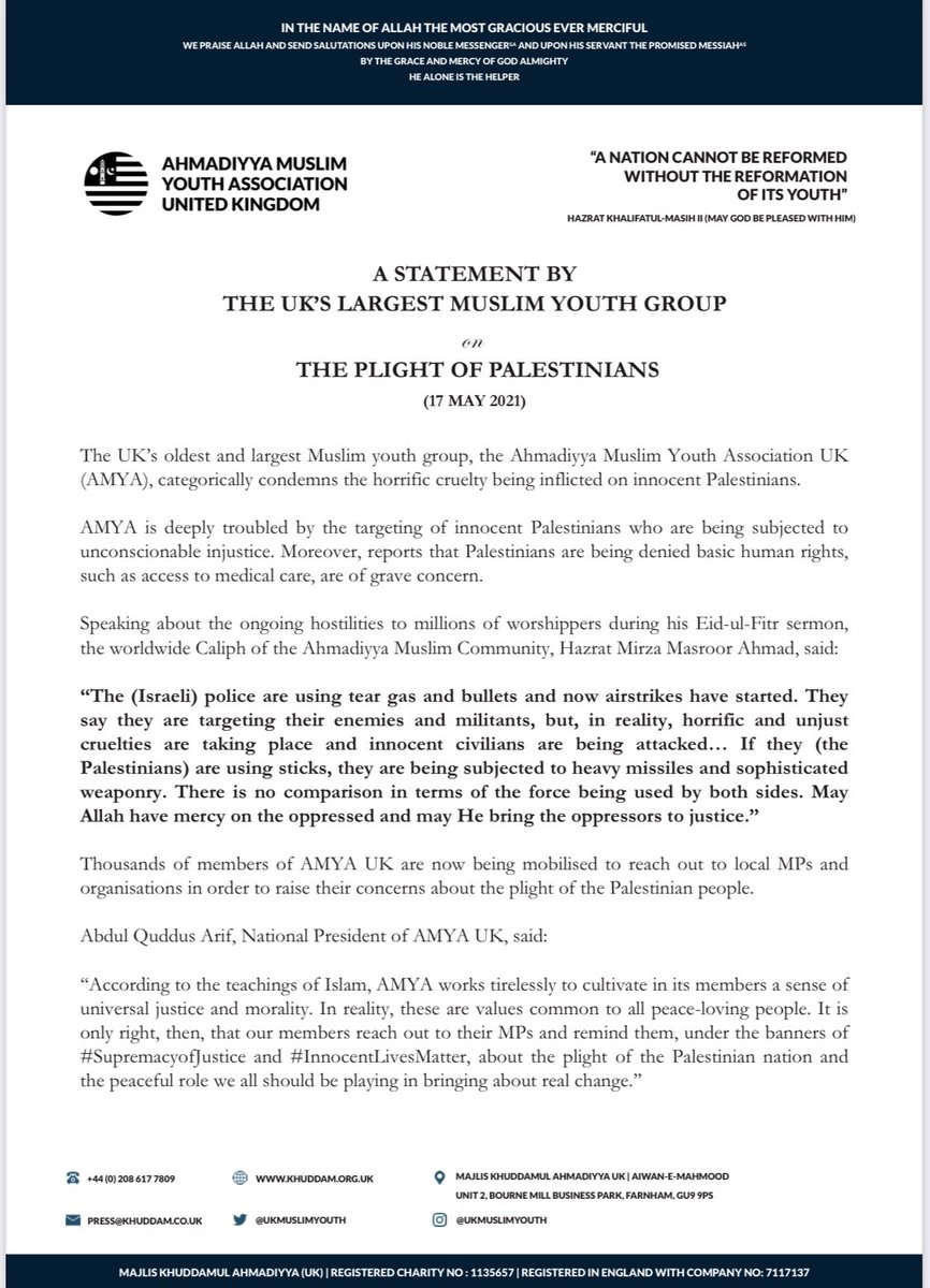 Our members will be writing to MPs across the UK to share their deep concern for the Palestinian people who are being subjected to extreme cruelty. Read AMYA's full statement here.

#InnocentLivesMatter 
#SupremacyofJustice 
#FreePalestine