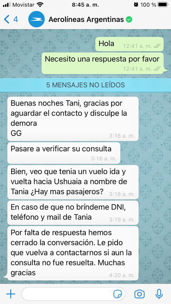 taniavym's tweet photo. @Aerolineas_AR Después de que me dejaron esperando una vez más en wsapp por días, me responden 3 am y me cierran la conversación por falta de respuesta... ya mande DM, espero respuesta pronto @BAconsumidor que alguien me ayuda https://t.co/Z7tfeEqix1