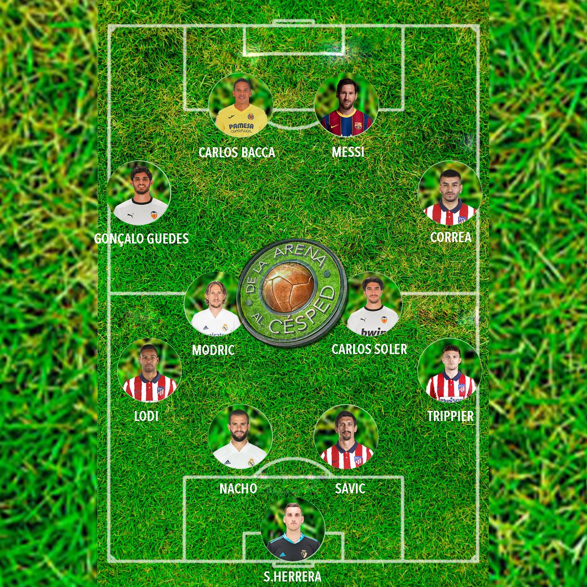 ArenalCesped's tweet photo. Ya no queda nada para acabar #LaLiga y hay que dar el callo. Aquí está nuestro #once de la jornada 🔝 @carlos7bacca #Messi @gguedesoficial @AngelCorrea32 @lukamodric10 @Carlos10Soler @renan_lodi @trippier2 @SergioHerrera @nachofi1990 https://t.co/nBdIWNaSnc