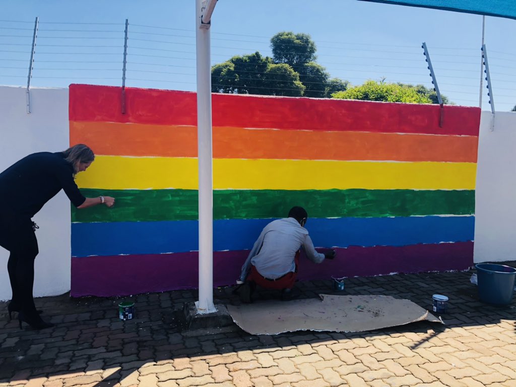 Today we celebrate #IDAHOT with <a href="/galzinf/">GALZ</a> by joining in the painting of a rainbow wall at their offices. 🏳️‍🌈

The rainbow symbolizes diversity. We are all different, but equal! 

Our own rainbow wall at the embassy reminds us daily that #LGBTI rights are #HumanRights.
