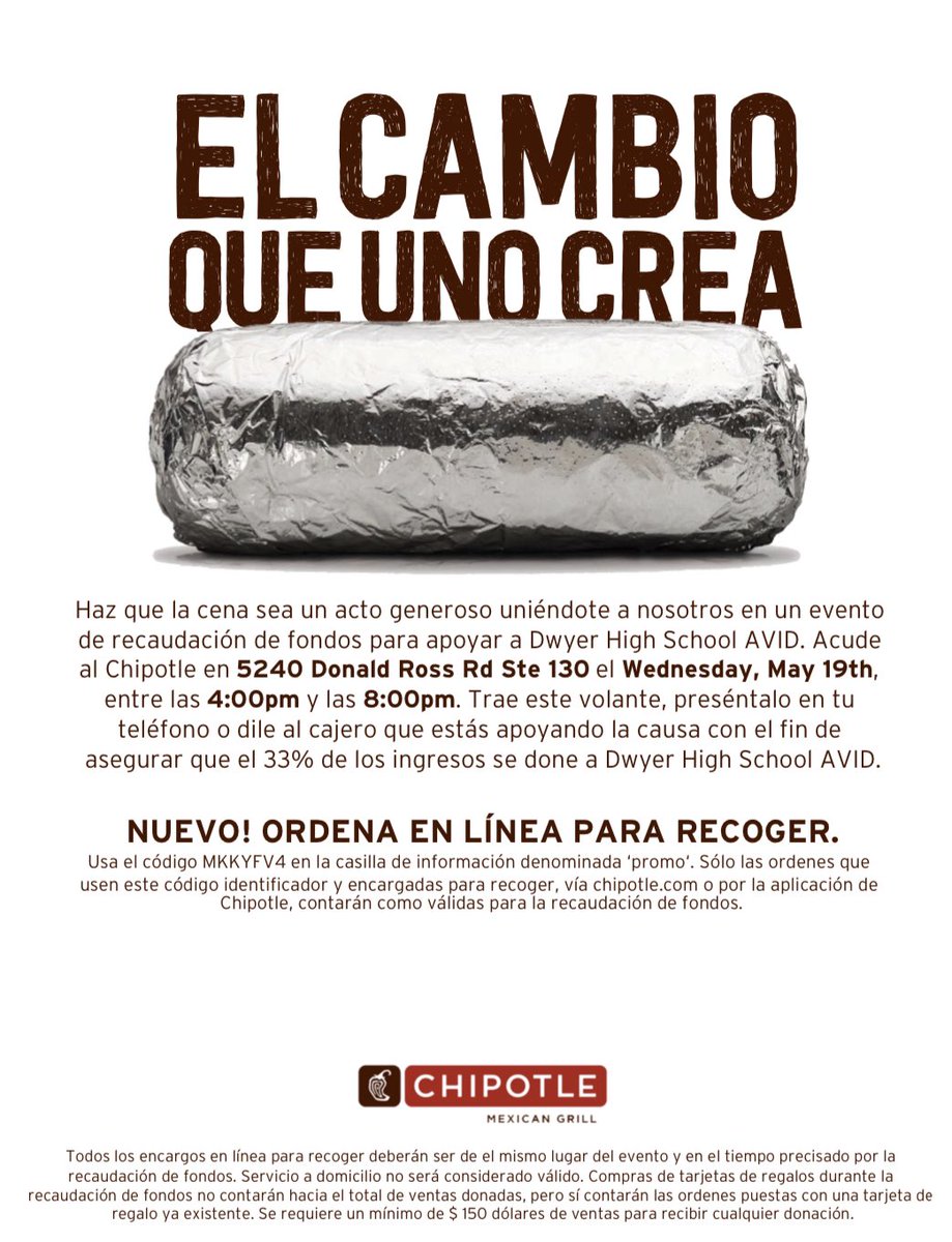Don’t forget... there’s no need to cook on Wednesday! @DwyerHS AVID will be having another @ChipotleTweets spirit night on Wednesday, May 19th at @altontowncenter from 4pm-8pm. At the register show the flyer pictured below, or use our mobile order code MKKYFV4.