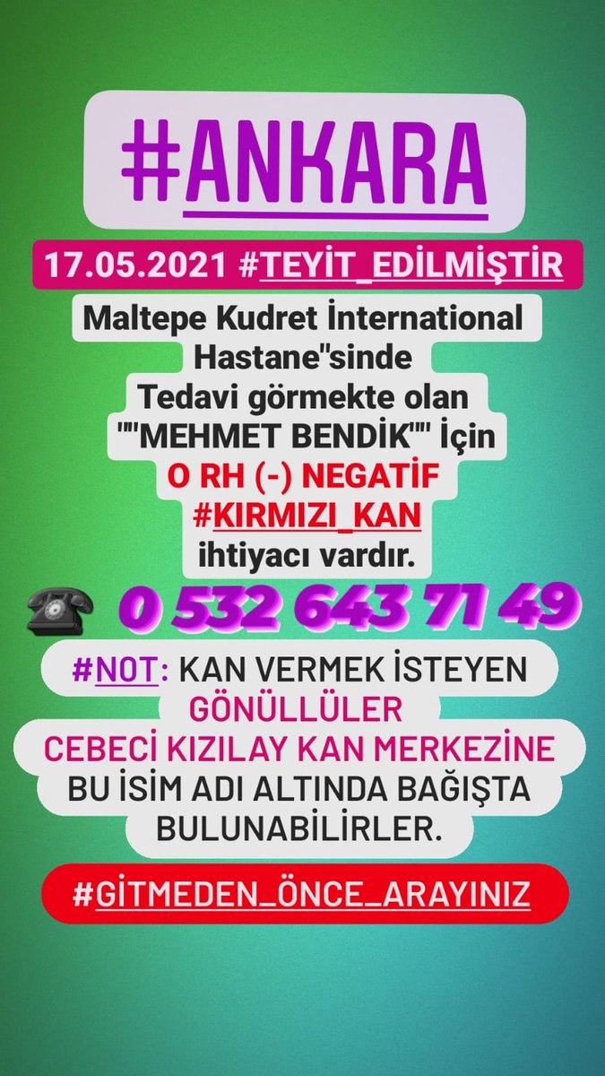 Ankara Cebeci Kizilay'a hasta ad soyad ve hastane adi belirtilerek verilmek üzere  

0 Rh (-) negatif KAN ihtiyaci var!

@MajkaBosnaAnne