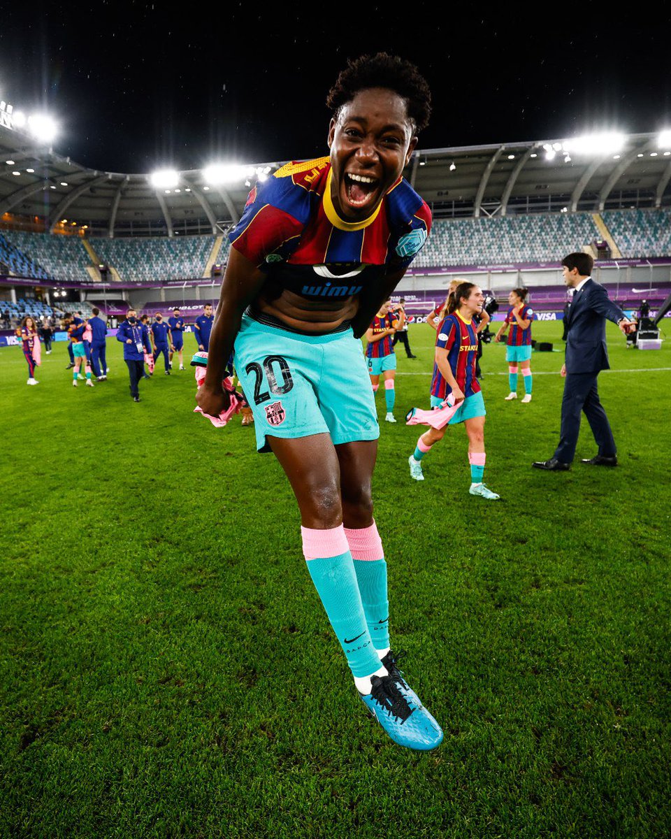 Mochievous's tweet photo. In refreshing news, @AsisatOshoala is now the first African woman to win a Champions League title. Congratulations 🍾🎉 https://t.co/lro8Y1eAuc