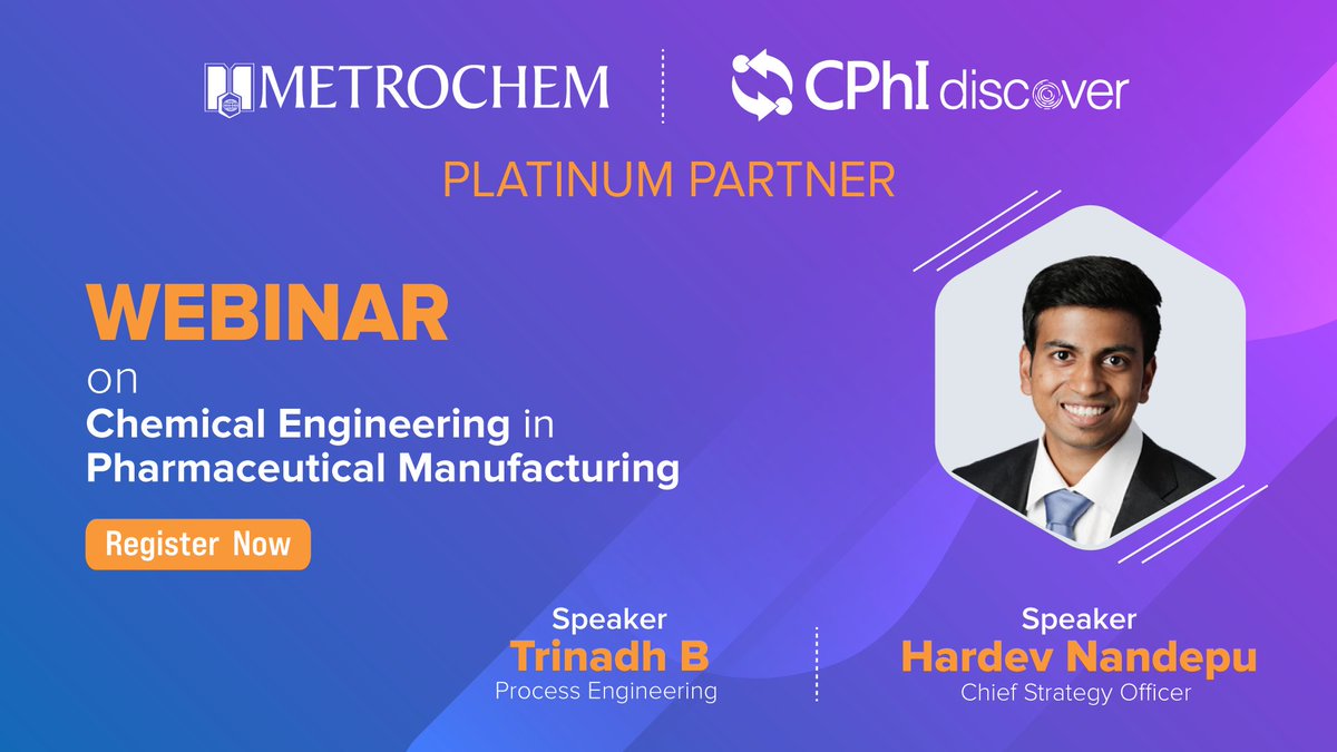 MetrochemAPI's tweet photo. @CPhIWW #Discover is Live now. Our Chief Strategy Officer will be conducting an informative webinar on the "Importance of Chemical Engineering in the Pharmaceutical Industry". Signup for this session and engage in a fruitful discussion with our team. 
https://t.co/E689rDW3DY https://t.co/KdGuPe5YhT