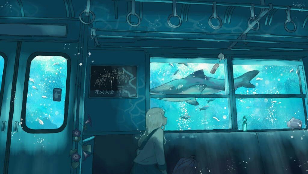 1girl sitting penguin train interior whale skirt blue theme  illustration images