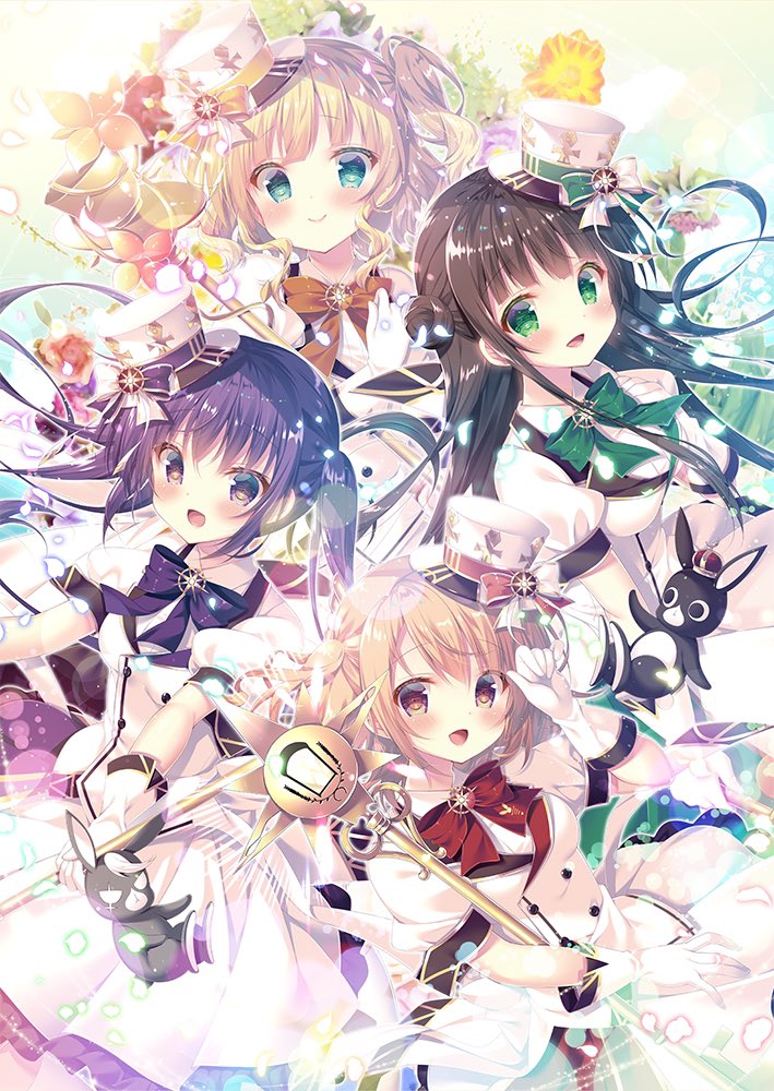 hoto cocoa ,kirima syaro ,tedeza rize ,ujimatsu chiya multiple girls blonde hair smile green eyes long hair hat 4girls  illustration images