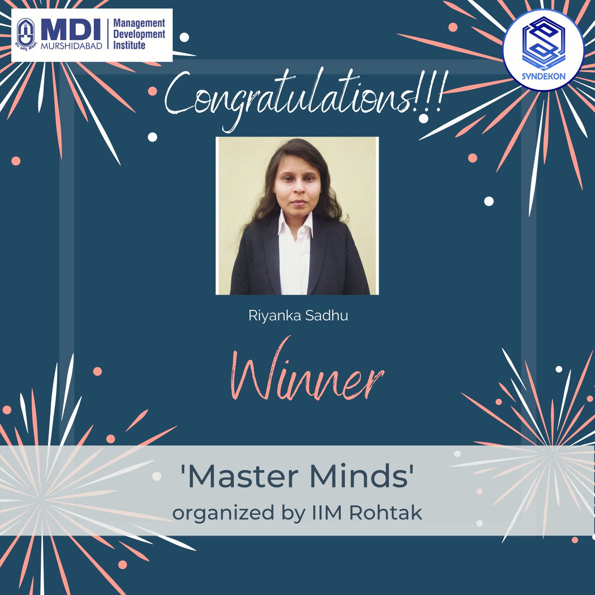 MDIM_Official's tweet image. Heartiest congratulations to Riyanka Sadhu for being the Winner in &quot;Master Minds&quot; an event organized by IIM Rohtak.

#MDIMurshidabad is proud of such remarkable achievement and wishes luck to other students for carrying this momentum ahead and keeping the #ManDevIan flag high.