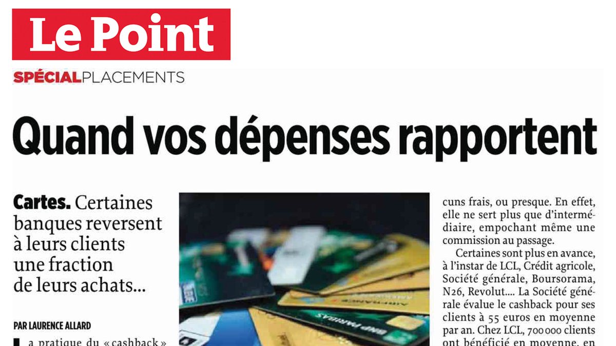 👋On en parle dans les médias : article sur les programmes de cashback carte bancaire dans <a href="/LePoint/">Le Point</a> cette semaine...

Interview <a href="/BenoitGruet/">BenoitGruet</a> 
Pour lire l'article complet 👉 bit.ly/LePoint_Cashba…

#Cashback #Banque #CarteBancaire #Commerçants #Marketing #CDLK