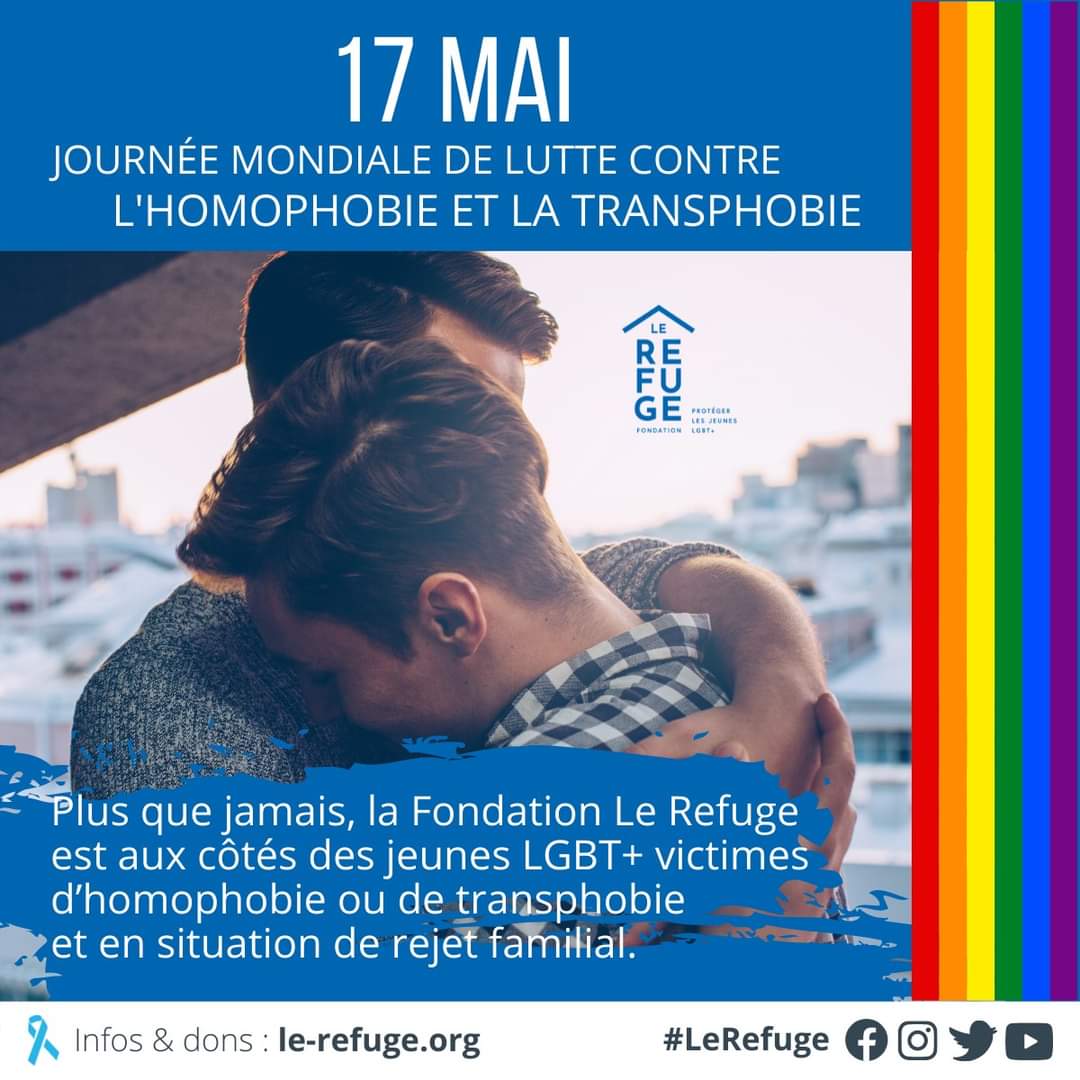 🌈Aujourd'hui, 17 mai, c'est la journée mondiale de lutte contre l'homophobie et la transphobie. 
Plus que jamais, Le Refuge est aux côtés des jeunes victimes de LGBT-phobies et en situation de rejet familial.
#IDAHOT2021  #17Mai