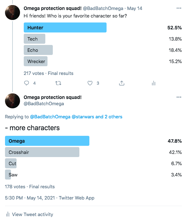 BadBatchOmega's tweet image. Turns out Hunter and Omega are the most liked characters in the #TheBadBatch so far!

I personally love Tech and Omega :)