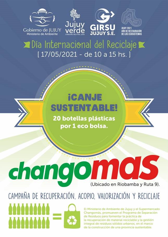#HOY. Si vivís en Jujuy, te esperamos de 10 a 15hs en Changomas para canjear tus botellas plásticas por una bolsa ecológica. Junto al Ministerio <a href="/ambientejujuy/">Ministerio de Ambiente y Cambio Climático de Jujuy</a> y la <a href="/SecretariaGirsu/">Secretaria GIRSU</a>, sumate a la campaña Canje Sustentable. #DiaInternacionalDelReciclaje