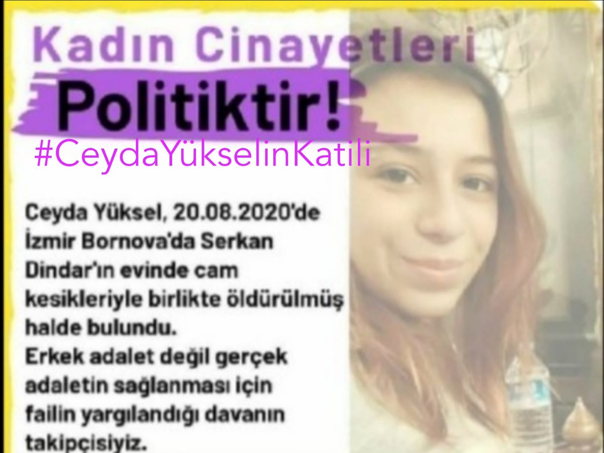 18 Mayıs Salı Günü #CeydaYüksel için adalet arayışı İzmir Bayraklı Adliyesi'nde saat 16:00'da devam edecek.

#CeydaYükselinKatili Serkan Dindar'ın iyi hal indirimi almadan ceza alması için susmuyoruz!

Kadına şiddete HAYIR❗✊🏻