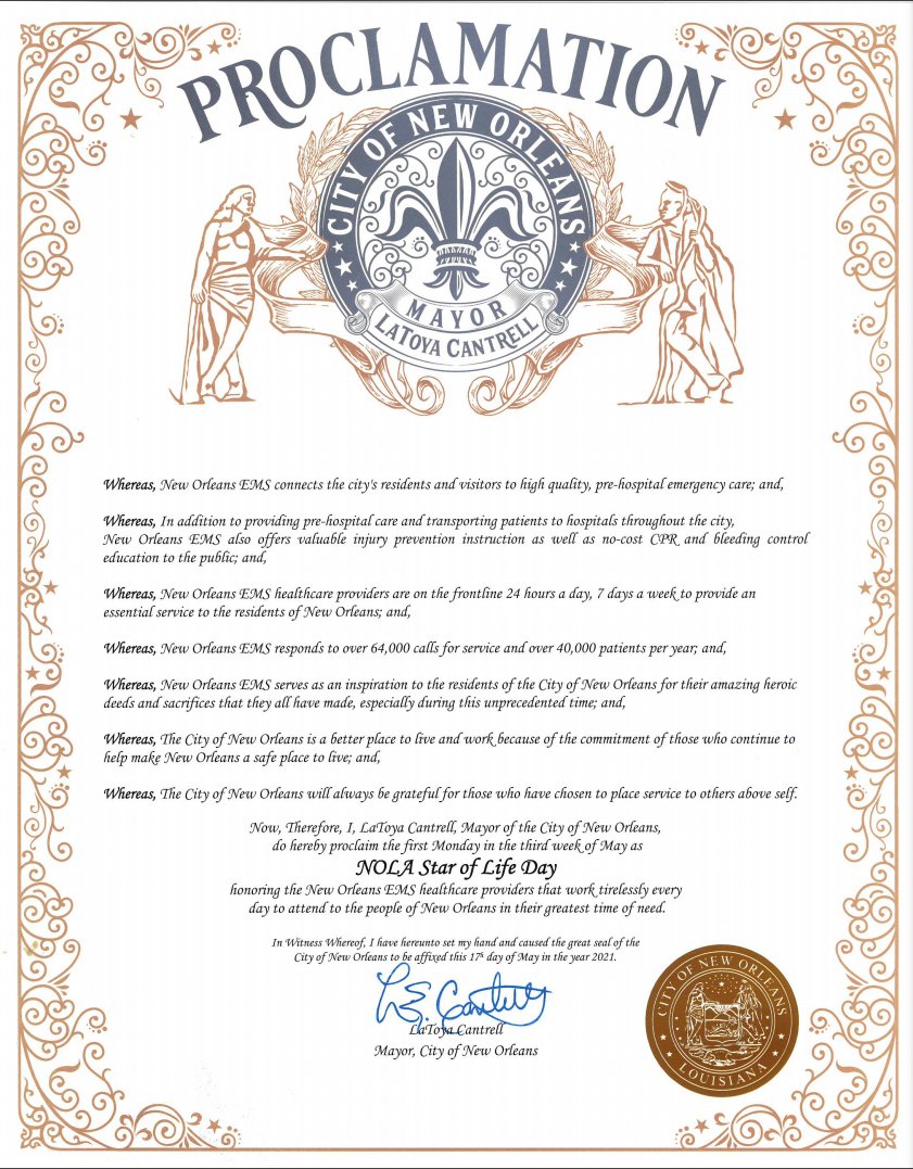 .@mayorcantrell proclaims today as NOLA Star of Life Day, '..for their amazing heroic deeds and sacrifices that they all [@NewOrleansEMS] have made, especially during this unprecedented time'🚑
#NationalEMSWeek #EMSstrong #EMSisHealthcare #CityOfYes #ThisIsEMS @noemsf @CityOfNOLA