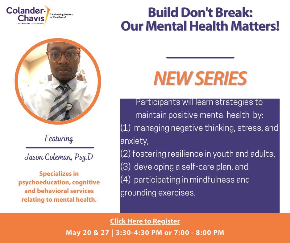 May and June are as equally stressful for educators as August and September. Learn strategies to manage stress and help those in your sphere of influence do the same. Register for one or both of our Build Don't Break: Positive Mental Health sessions.

bit.ly/3hA6y7V