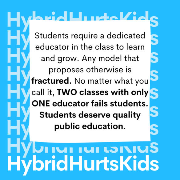 My students are at the center of my teaching. Hybrid learning is a fractured model of education. It de-centers the student, this is no form of learning. #NoHybrid #HybridHurtsKids #PeelStrongerTogether <a href="/PeelSchools/">Peel District School Board</a> <a href="/ETFOPeel/">ETFO Peel</a>