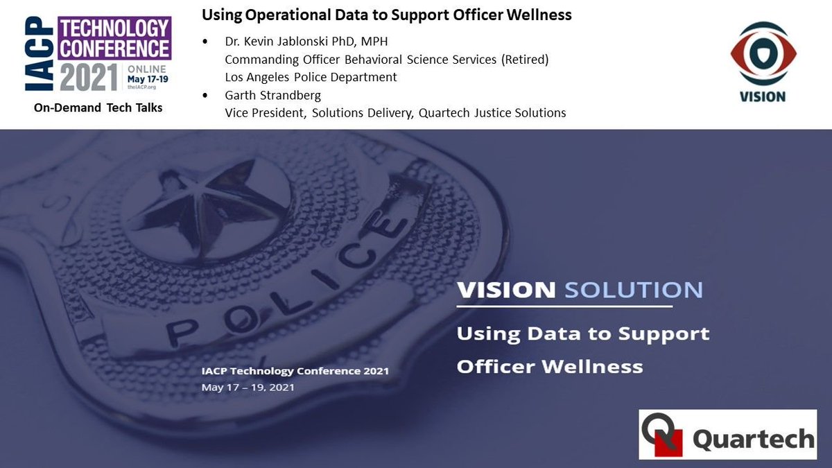 dfthomson's tweet photo. Excited to sponsor IACP Tech! Join Quartech and Dr. Jablonski LAPD Commanding Officer Behavioral Science Services (Retired) for a Tech Talk on how data analytics with follow-up case management can help Officer Wellness. #IACPTech #wellness #firstresponders @Quartech  @TheIACP https://t.co/PGEkv1XUQ0