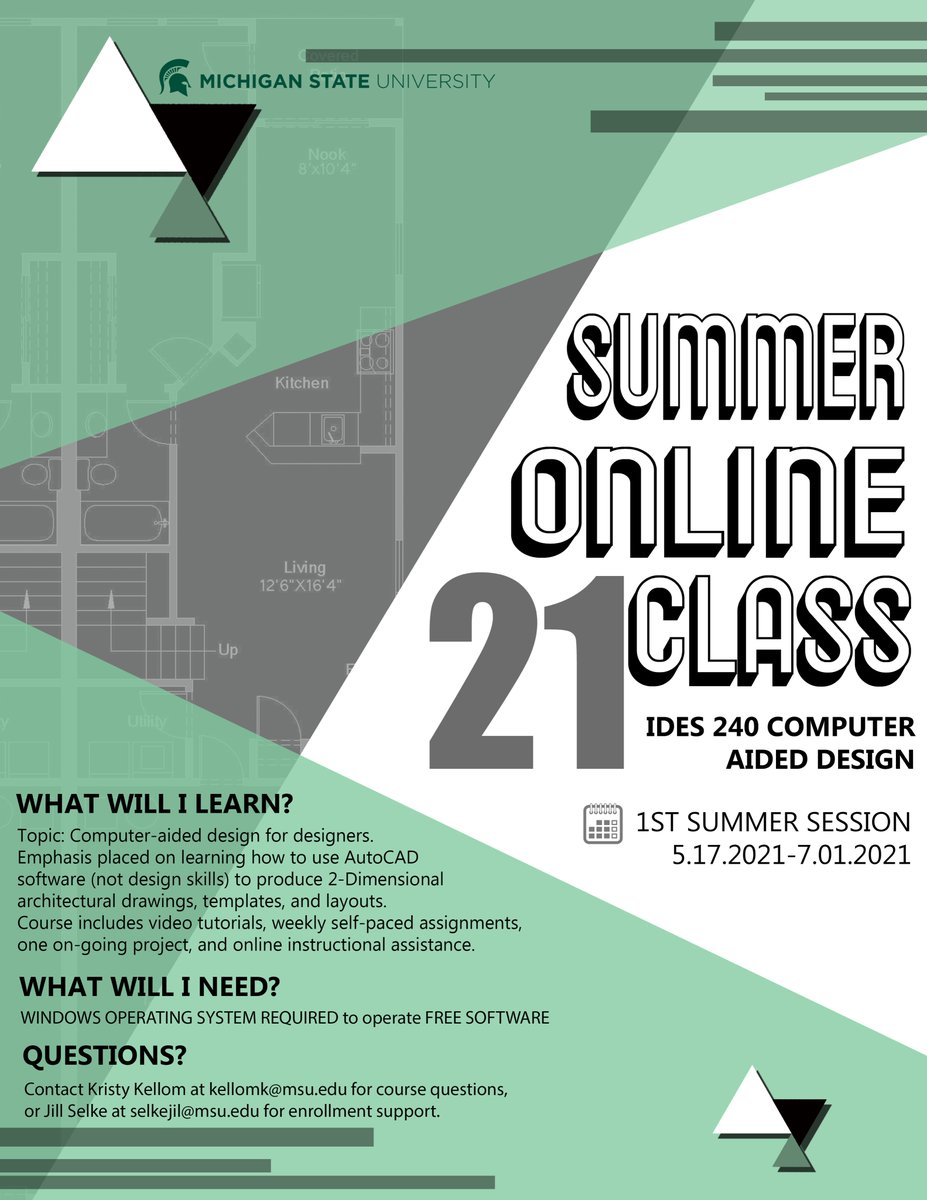 MSUSPDC's tweet photo. Kristy Kellom from #MSUID will teach IDES 240 Computer Aided Design during the 1st summer 2021 session. Students can still add this class thru May 19! https://t.co/LFspNvmbon #SPDC #interiordesign #onlinecourse https://t.co/QILUVKmki3