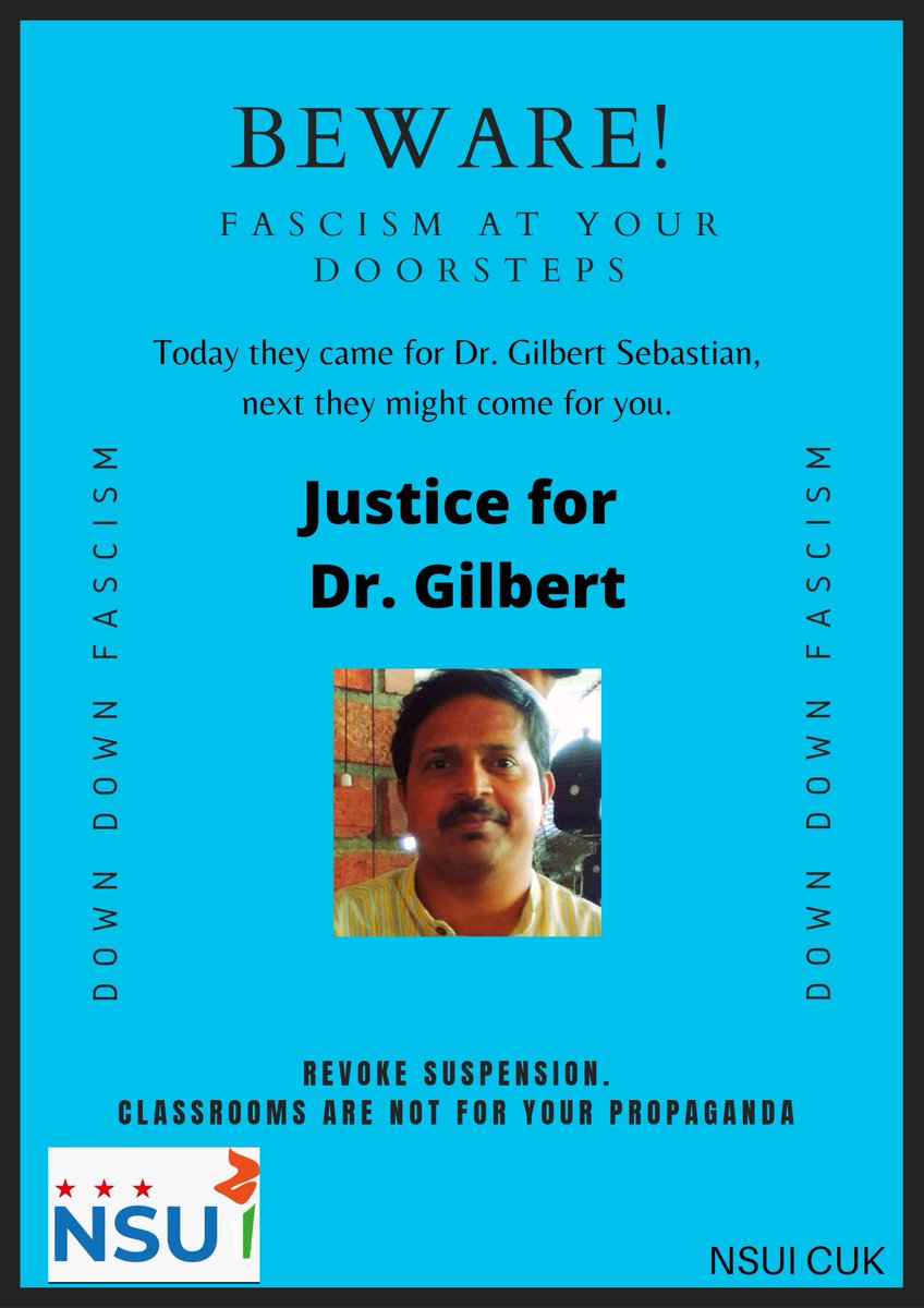 nsui_of's tweet photo. Shocked by the arbitrary &amp; ridiculous suspension of Dr. Gilbert Sebastian, Faculty of International Relations, Central University of Kerala, which is yet another attempt of the Na-Shah regime to target scholars &amp; curb academic liberty. 
@chennithala @RahulGandhi @ShashiTharoor https://t.co/r1IwaAHWPY
