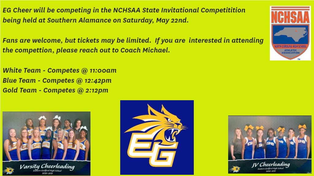 NCHSAA State Invitational Cheer Competition - Saturday 5/22

Good Luck to our JV &amp; Varsity Cheer teams as they compete in their State Competition this weekend!