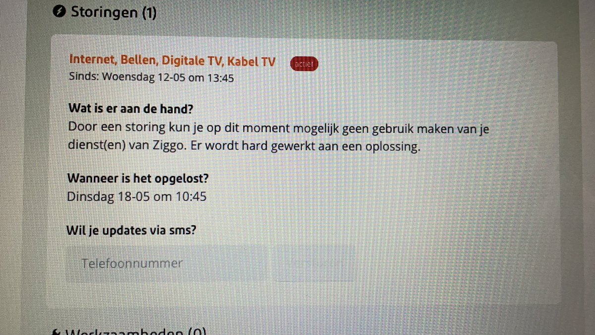 Even geen signaal van <a href="/ziggo/">Gerard Ziggo Brullee</a>. Storing opgelost op dinsdag 18-05 10.45uur hoop toch echt dat het eerder is opgelost. #geentelefoon #geenwifi