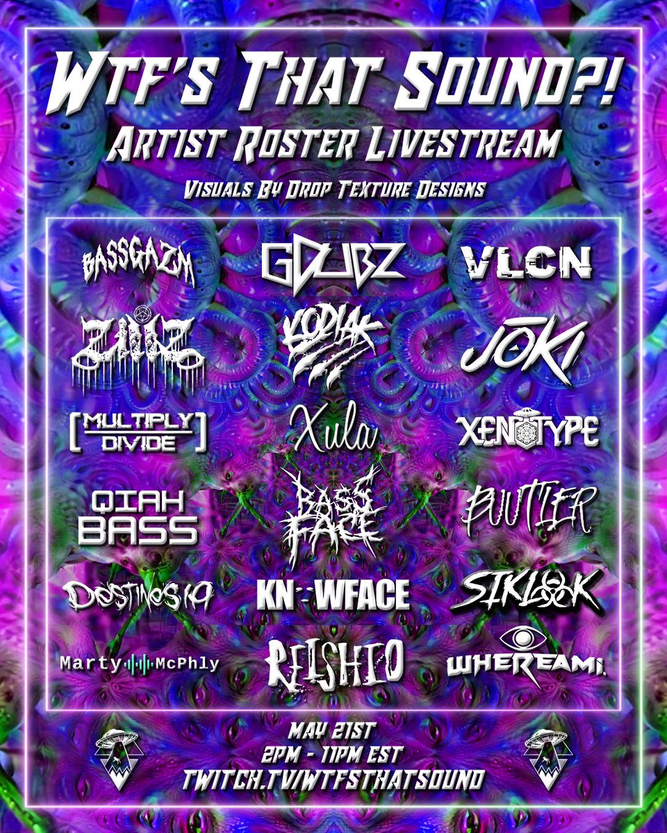 🛸SURPRISE🛸

Stoked to announce that we will be having a roster showcase livestream THIS FRIDAY, May 21st from 2pm-11pm EST! 

With visuals from our very own <a href="/droptexture/">Drop Texture Designs</a>

We can't wait to show you what these boys have to bring to the table 🛸🥵