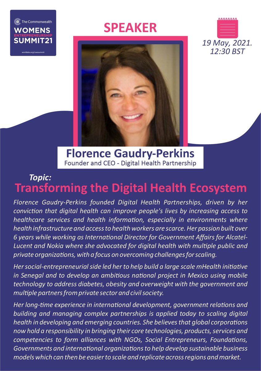 Florence Gaudry-Perkins will be speaking on the topic - Transforming the Digital Health Ecosystems on 19 May at 12:30 BST

Don't miss out!!! Register via worldlabs.org/cwesummit

#women #entrepreneurship #empoweringwomen #business