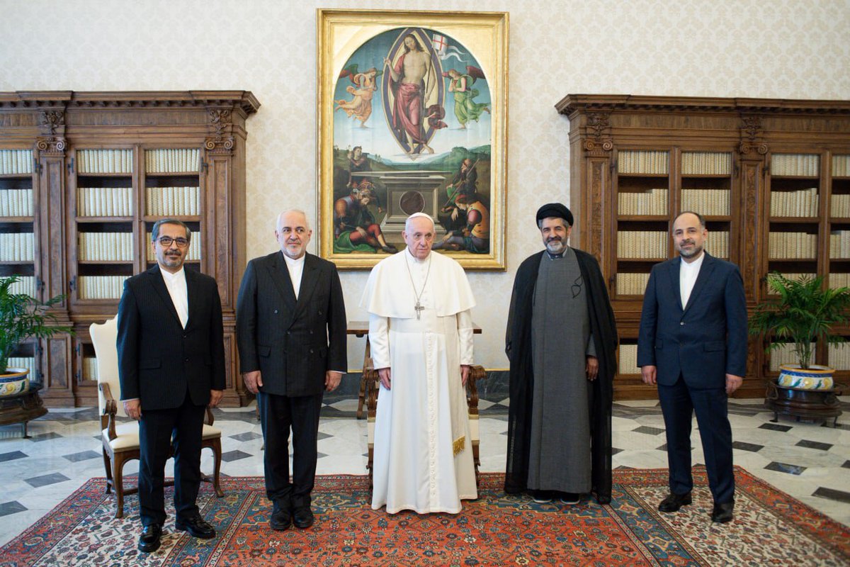 JZarif's tweet photo. Wonderful audience with His Holiness @Pontifex. Also good metings with Cardinal Parolin &amp; Archbishop Gallagher.

Exchanged views on

- commonalities of our objectives &amp; challenges 
- Interfaith dialogue 
- Palestine
- US sanctions
- Bilateral &amp; int'l cooperation with Holy See https://t.co/sn9xo1lx8u
