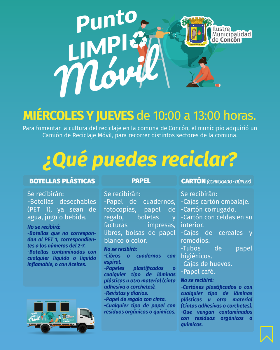 municoncon's tweet image. Nuestro municipio pone a disposición de la comunidad el Punto Limpio Móvil, el cual recorrerá distintos puntos de nuestra comuna recibiendo materiales de reciclaje. Revisa el calendario para conocer estaciones y fechas. Cuidemos el Medio Ambiente entre todos!